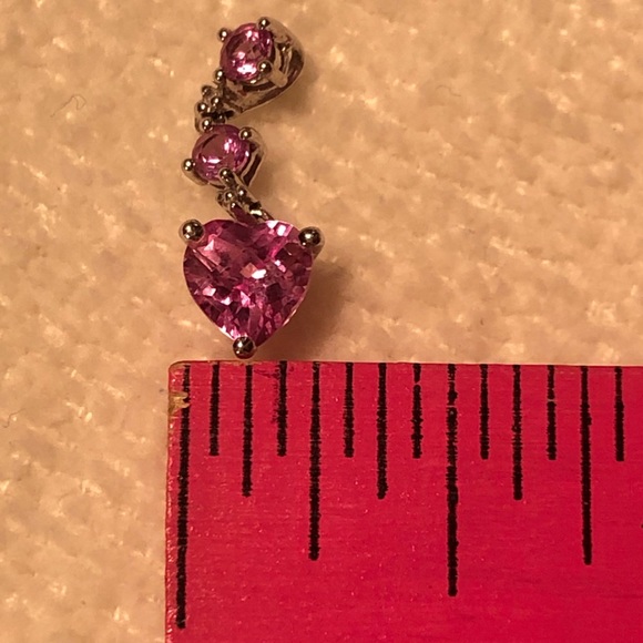 Pink Sapphire Triple Stone Heart Drop Pendant 10K - Picture 10 of 11